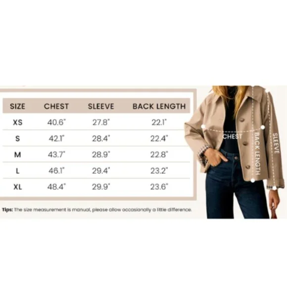 Women's Oversize Trench Coat Plaid Lining Lapel Button Down Casual Crop Jacket - Picture 8 of 8